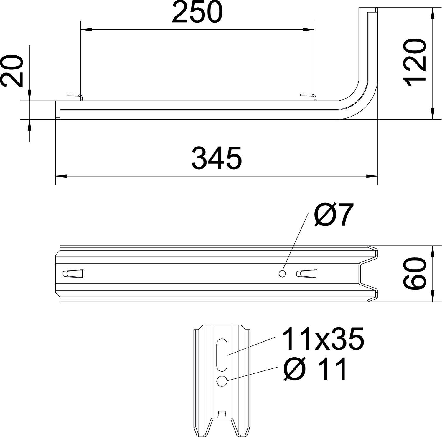 Technische Zeichnung eines Metallwinkels mit Maßen: Länge 345 mm, Breite 250 mm, Höhe 120 mm, Lochdurchmesser Ø7 mm, 11x35 und Ø11 mm.