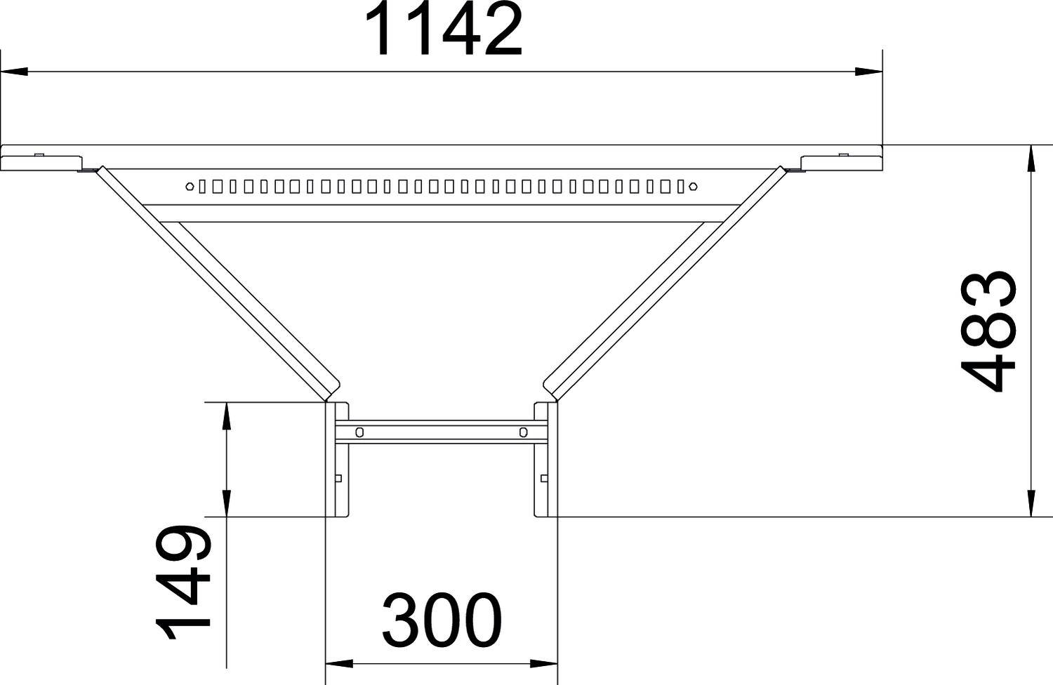 Technische Zeichnung eines Bauteils mit den Maßen: Breite 1142 mm, Höhe 483 mm, Basis 300 mm und einem unteren Abschnitt von 149 mm.