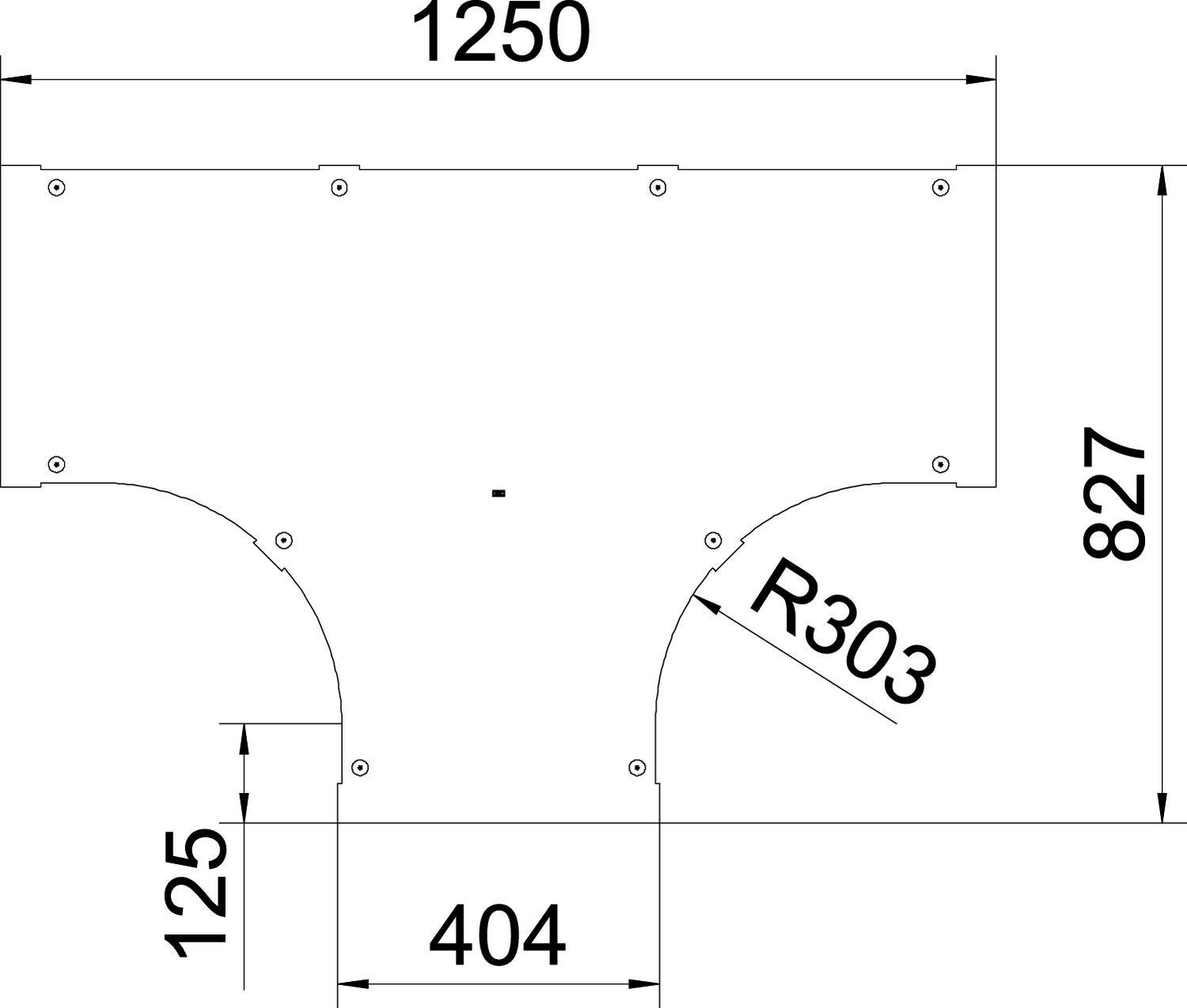 Technische Zeichnung einer Konstruktion mit den Maßen: Breite 1250 mm, Höhe 827 mm. Zwei Bögen mit Radius 303 mm, Abstand zwischen ihnen 404 mm.