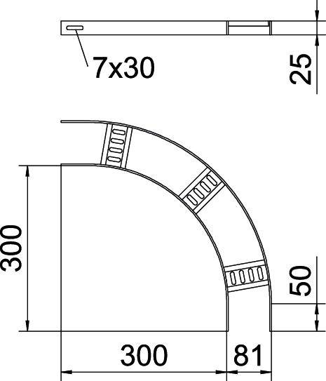 Technische Zeichnung eines rechtwinkligen Rohrs mit Bemaßungen: 300 x 300 x 50 mm. Zeigt Bohrungen von 7 x 30 mm und Radius von 81 mm.