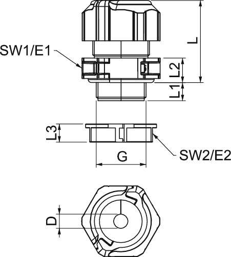 Technische Zeichnung eines Kabelverschraubungselements mit Abmessungen: SW1/E1, SW2/E2, L, L1, L2, L3, G, D. Profilansicht.