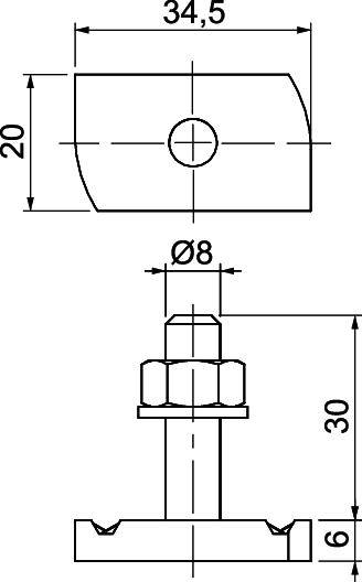 Technische Zeichnung eines metallischen Verbindungselements mit Maßen: Breite 34,5 mm, Höhe 20 mm, Schraubendurchmesser 8 mm, Gesamthöhe 30 mm.