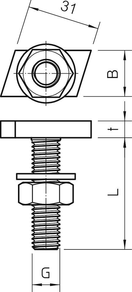 Technische Zeichnung einer Sechskantschraube mit Mutter. Maße: 31 mm Breite. Markierungen für Höhe (B), Länge (L) und Gewindegröße (G).