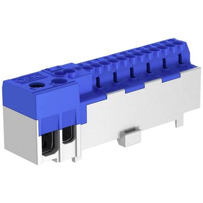 Ein blauer und grauer elektrischer Steckverbinder mit mehreren Anschlussstellen und markierten Einführungen für Kabel.