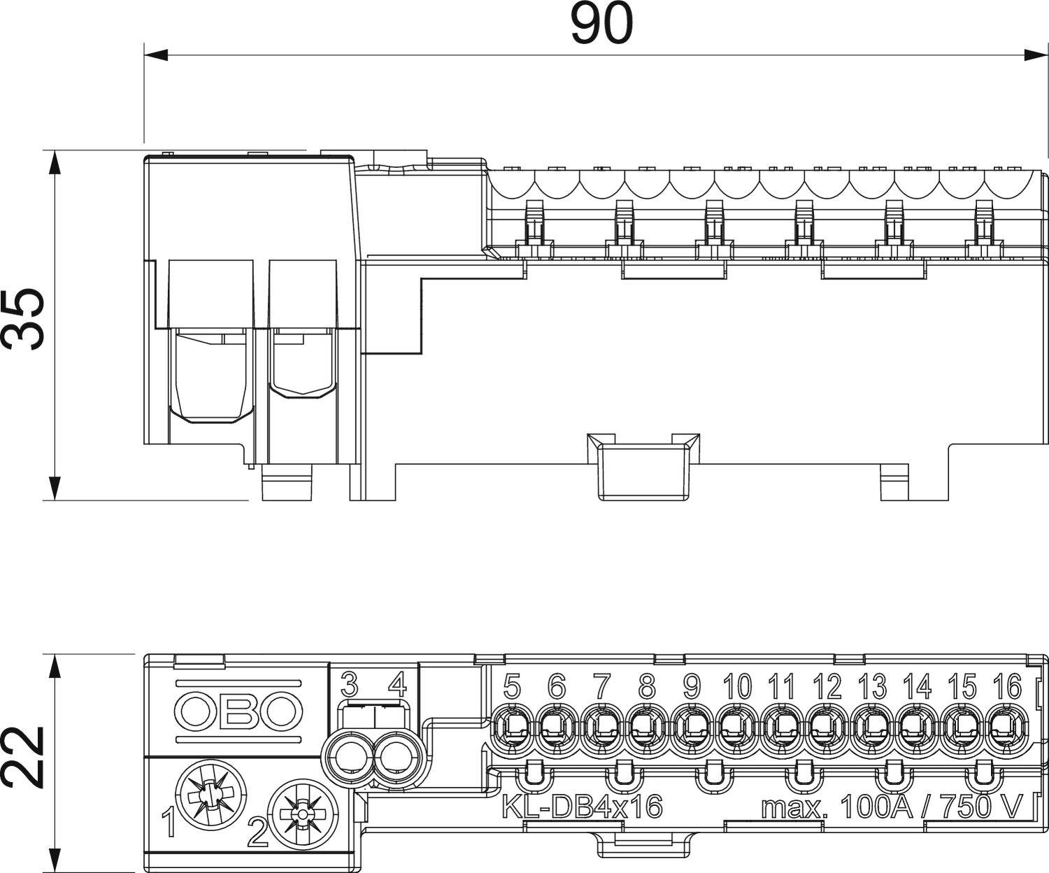 'Technische Zeichnung eines Verteilers mit Abmessungen: 90 mm Länge, 35 mm Höhe, 22 mm Breite. Markiert mit max. 100A/750V.'