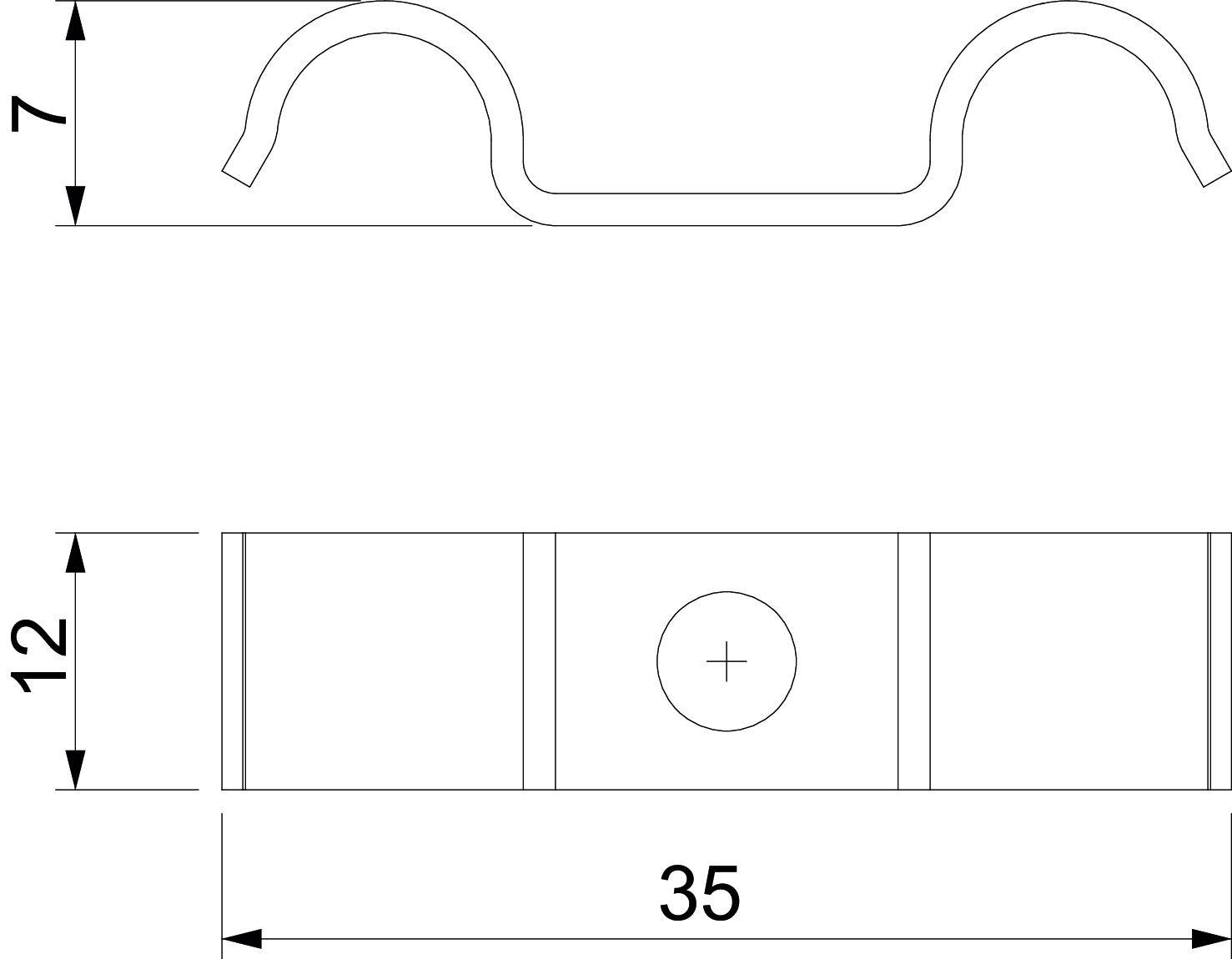 Technische Zeichnung einer Metallklammer. Oben im Profil, unten in der Draufsicht. Maße: 35 mm Länge, 12 mm Höhe, 7 mm Breite.