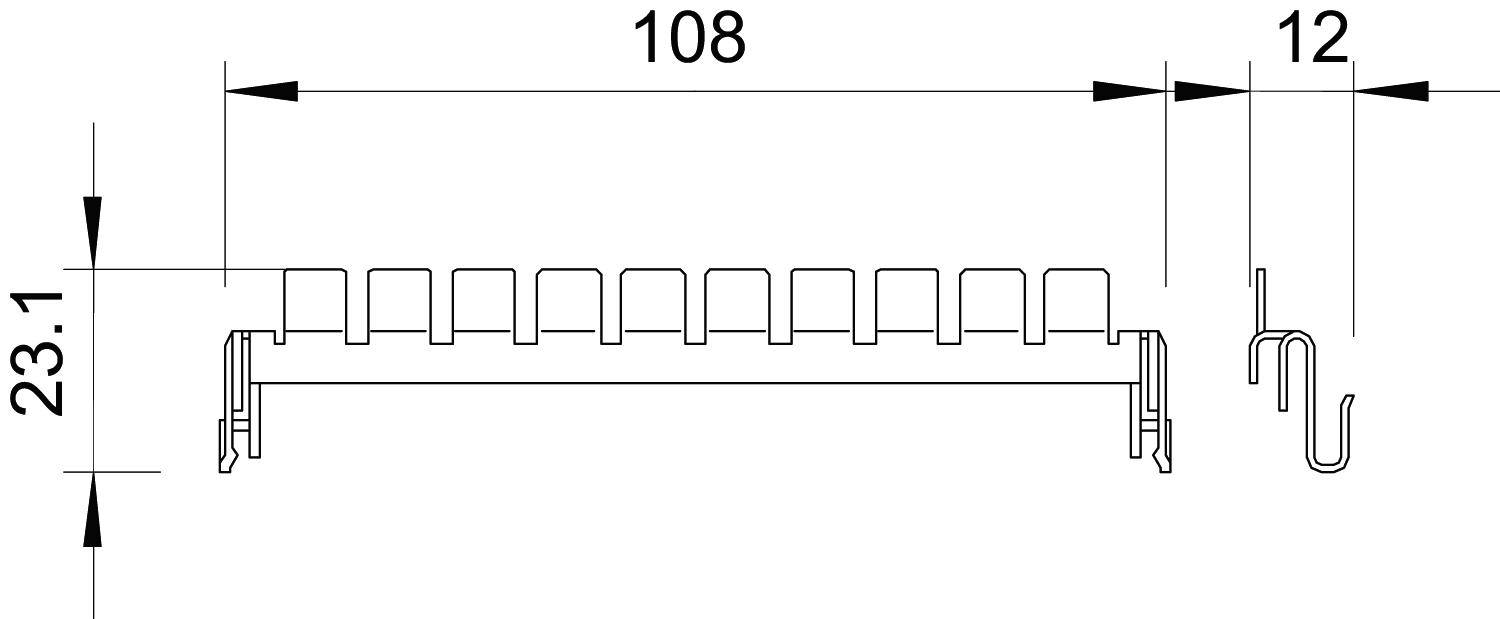 Technische Zeichnung eines rechteckigen Teils mit Befestigungshaken, Maße: Breite 108 mm, Höhe 23,1 mm, Tiefe 12 mm.