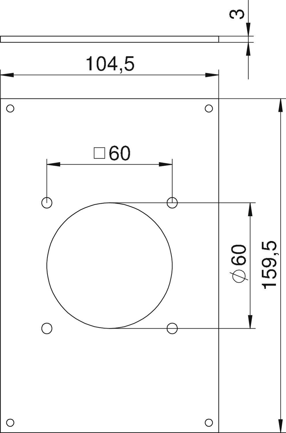 Technische Zeichnung eines rechteckigen Blechs. Maße: Höhe 159,5 mm, Breite 104,5 mm, kreisförmiges Loch Ø 60 mm in der Mitte.