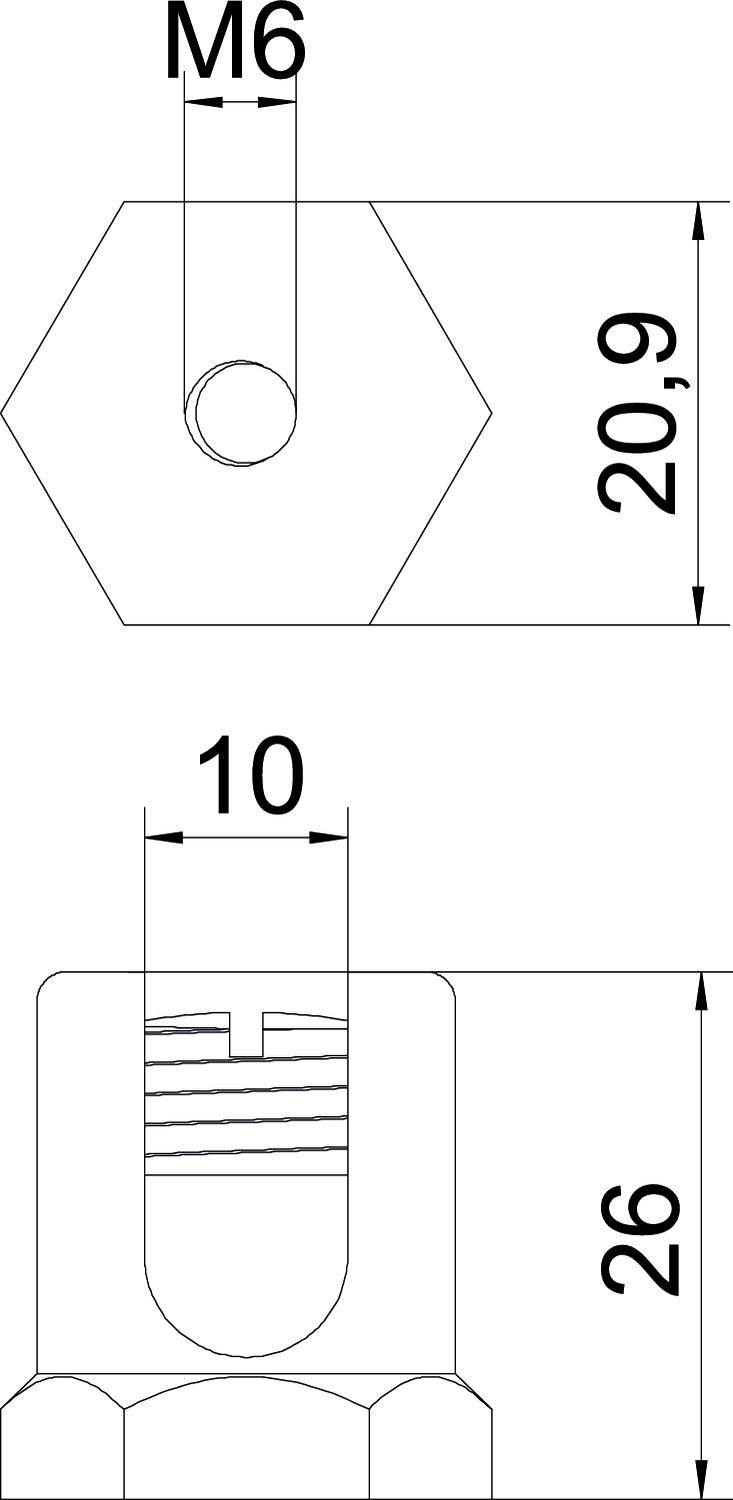 Technische Zeichnung eines sechseckigen Metallstücks mit einem M6-Gewindeloch und Maßen von 20,9 mm und 26 mm.