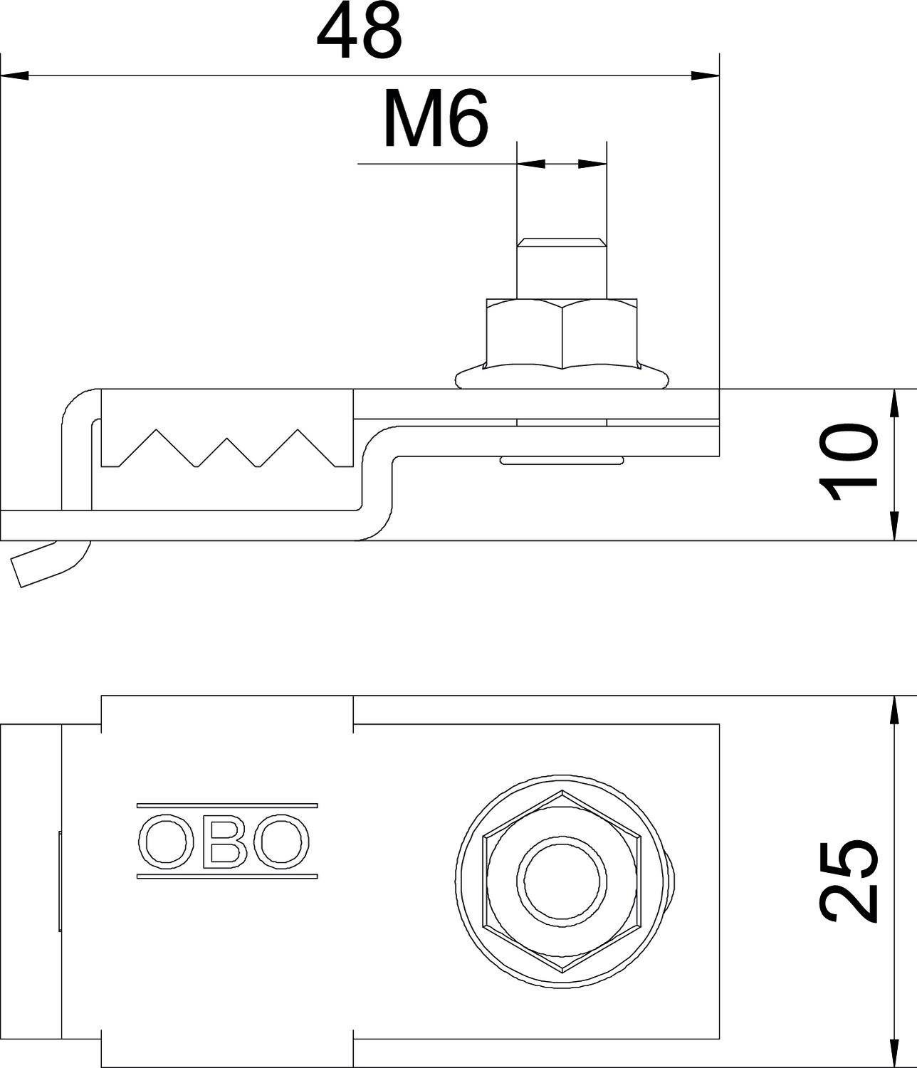 Technische Zeichnung eines Befestigungsclips mit Schraube M6, Maße: 48x10 mm seitlich, 25 mm oben. 'OBO' graviert auf der Front.