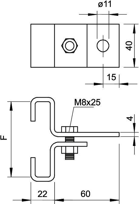 Technische Zeichnung einer Metallklammer mit Maßen. Oben: Draufsicht mit zwei kreisförmigen Löchern. Unten: Seitenansicht mit Schraube M8x25.