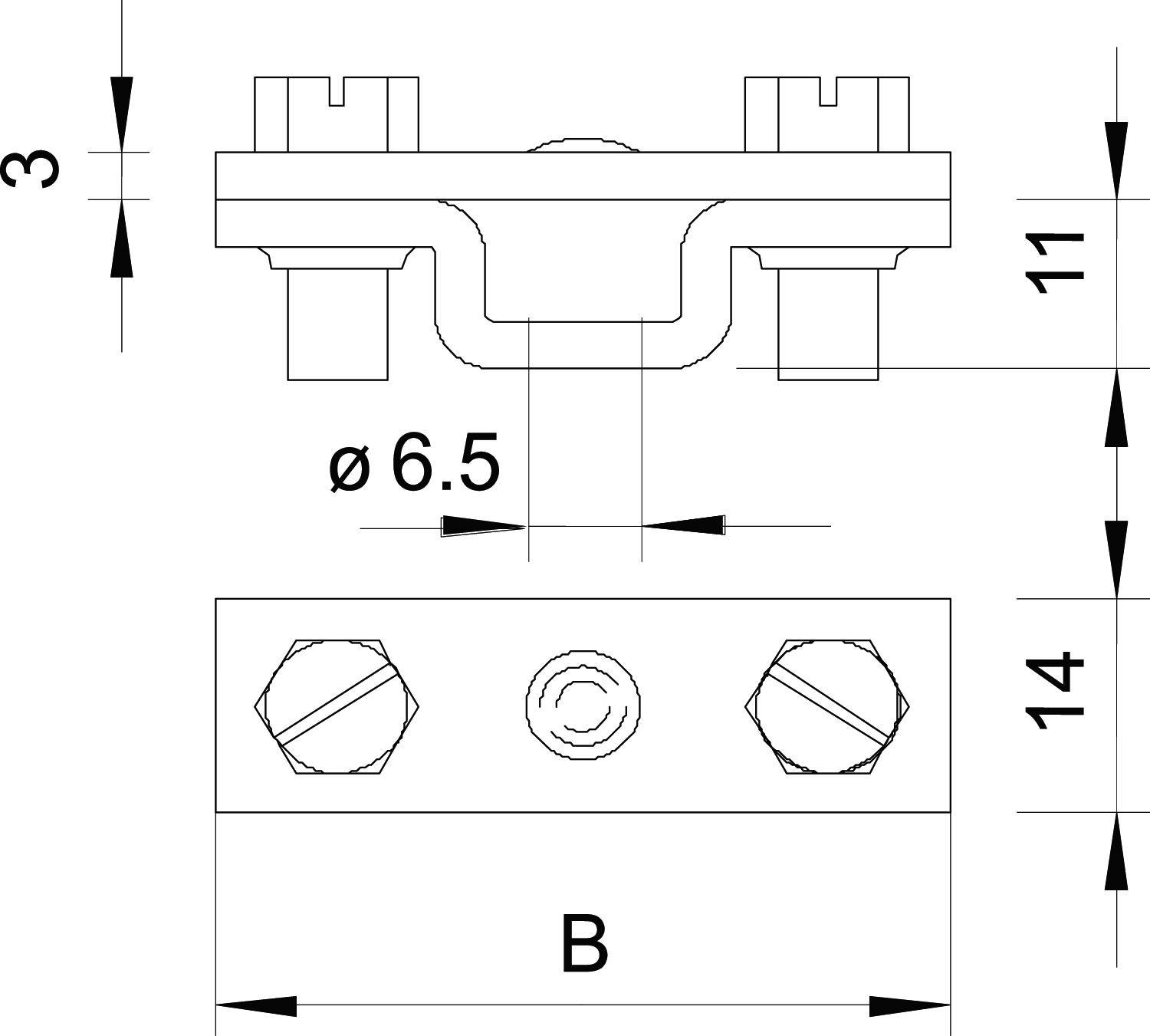 Technische Zeichnung eines Bauteils mit Maßen: Breite oben 11, Mitte 14, Höhe links 3 Einheiten, Schraubenloch ø 6,5.