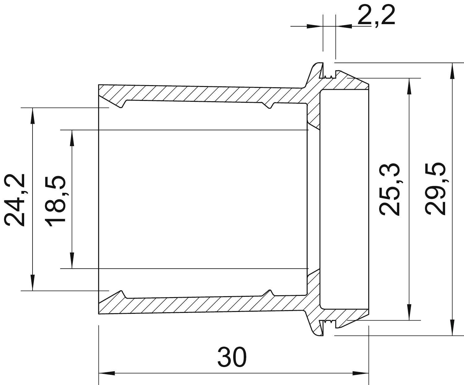 Technische Zeichnung eines Rings mit Maßangaben in Millimetern. Wichtige Maße: Innendurchmesser 18,5 mm, Außendurchmesser 29,5 mm, Länge 30 mm.