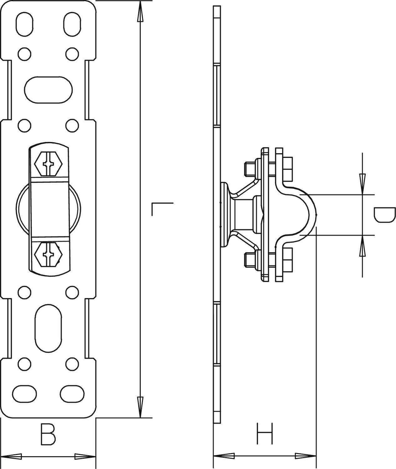 Technische Zeichnung eines Scharniers mit Seitenansicht und Abmessungen B, L, H. Zeigt Befestigungspunkte und Formdetails.
