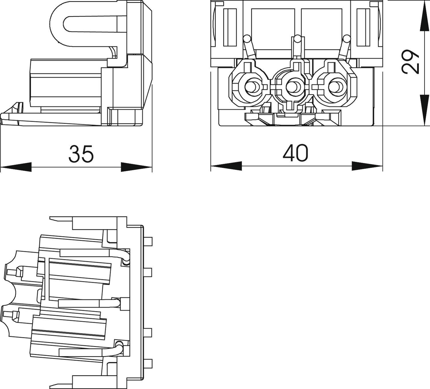 Technische Zeichnung einer elektrischen Anschlussklemme. Gezeigt sind drei Ansichten mit Maßen: Breite 40 mm, Tiefe 35 mm, Höhe 29 mm.