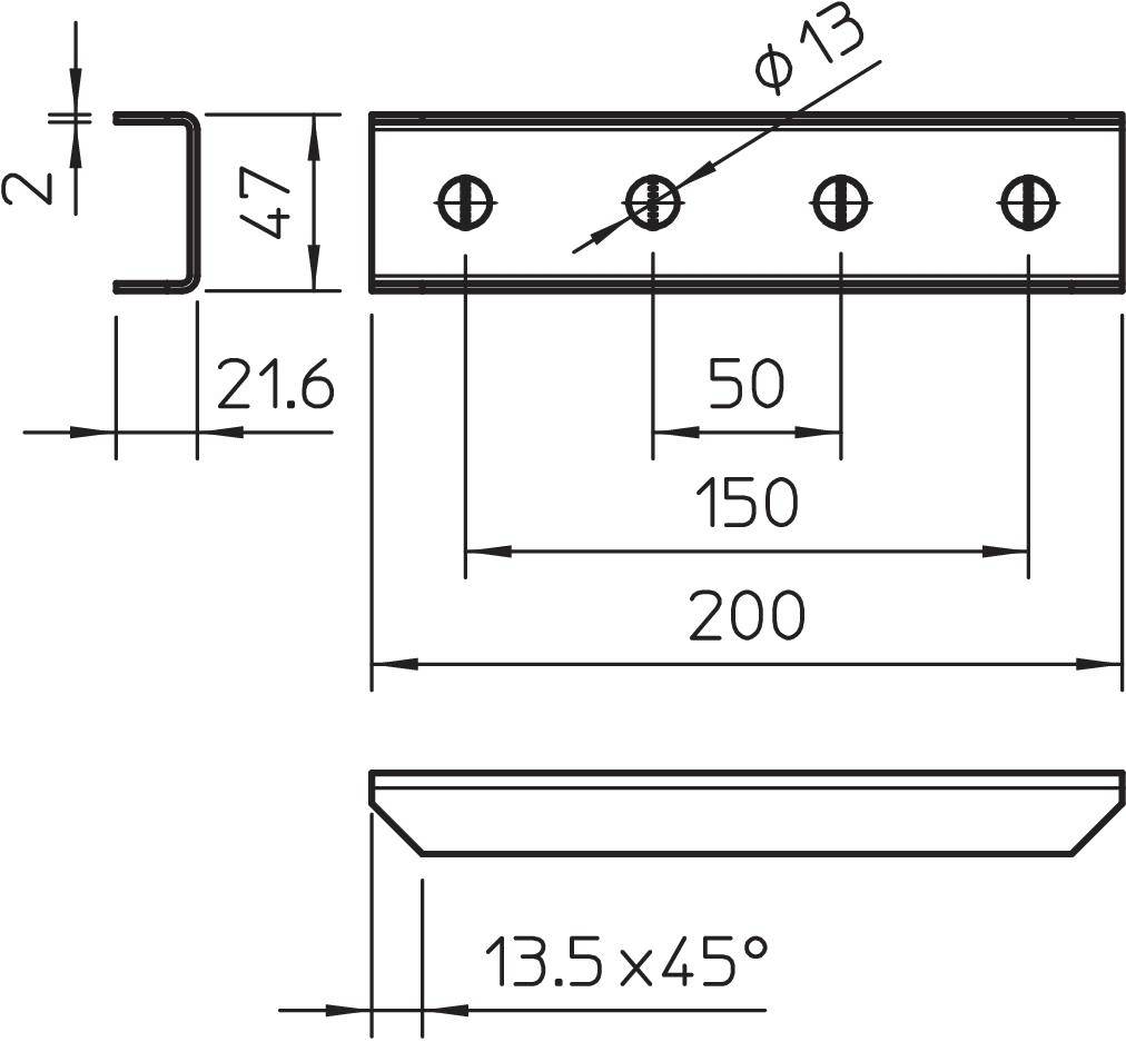 Technische Zeichnung einer Metallplatte mit vier Schraubenlöchern (Ø13), Maßangaben: Länge 200 mm, Breite 47 mm, Bohrungen bei 50 mm, 150 mm.