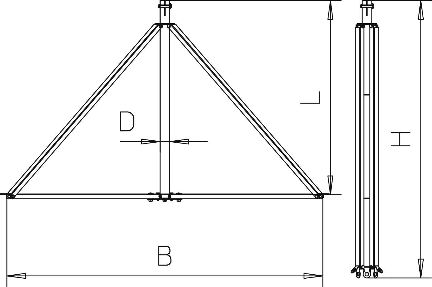 Technische Zeichnung eines dreieckigen Rahmens mit den Maßen B, L, H und D. Zeigt Front- und Seitenansicht.