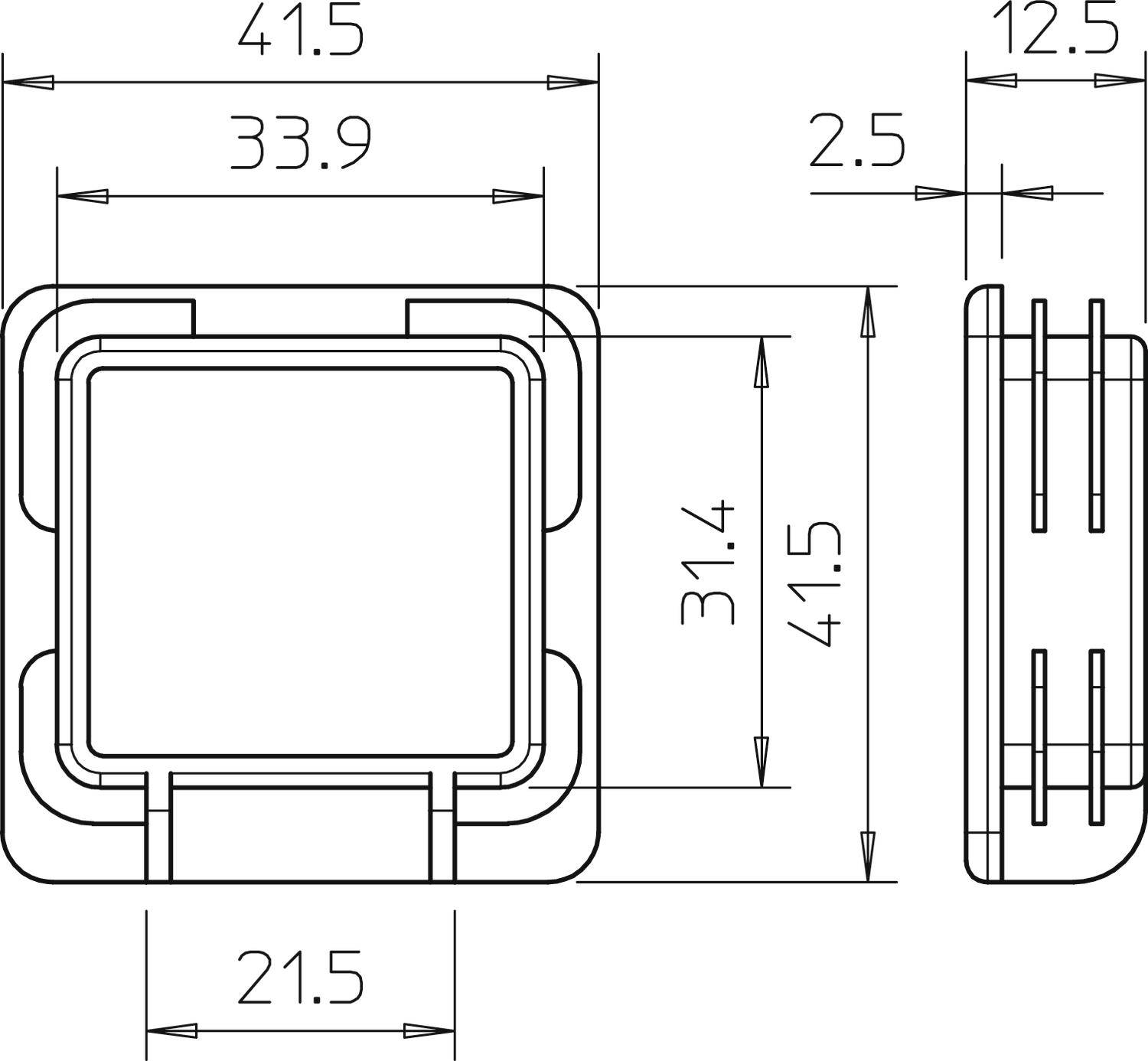 Technische Zeichnung eines rechteckigen Bauteils mit Maßen: Breite 41,5 mm, Höhe 31,4 mm, Tiefe 21,5 mm. Querschnittsansicht rechts.
