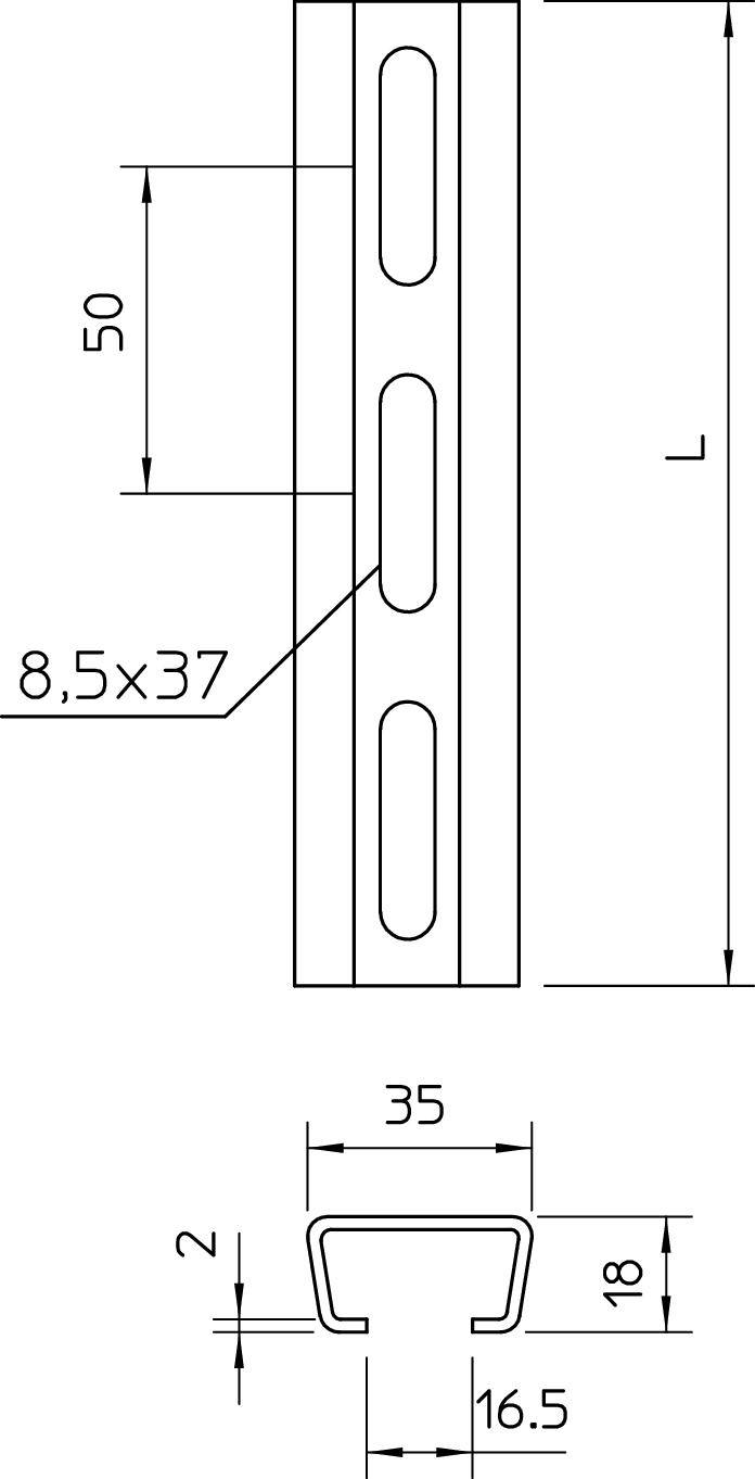 Technische Zeichnung eines Metallprofils: Länge L, Höhe 50 mm, Breite 35 mm, drei ovale Löcher 8,5x37 mm. U-förmiger Querschnitt.
