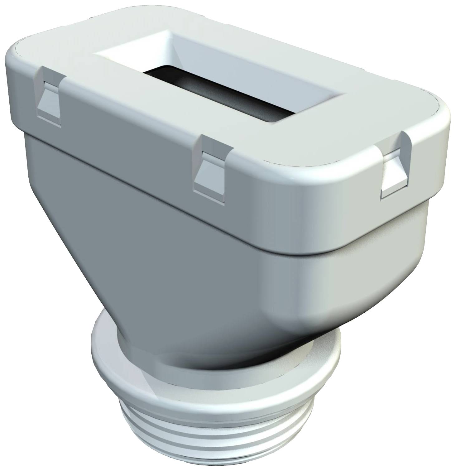 Ein rechteckiger, grauer Sanitäranschlussadapter mit geripptem Schraubgewinde, der zur Verbindung von Rohren oder Schlauchsystemen dient.