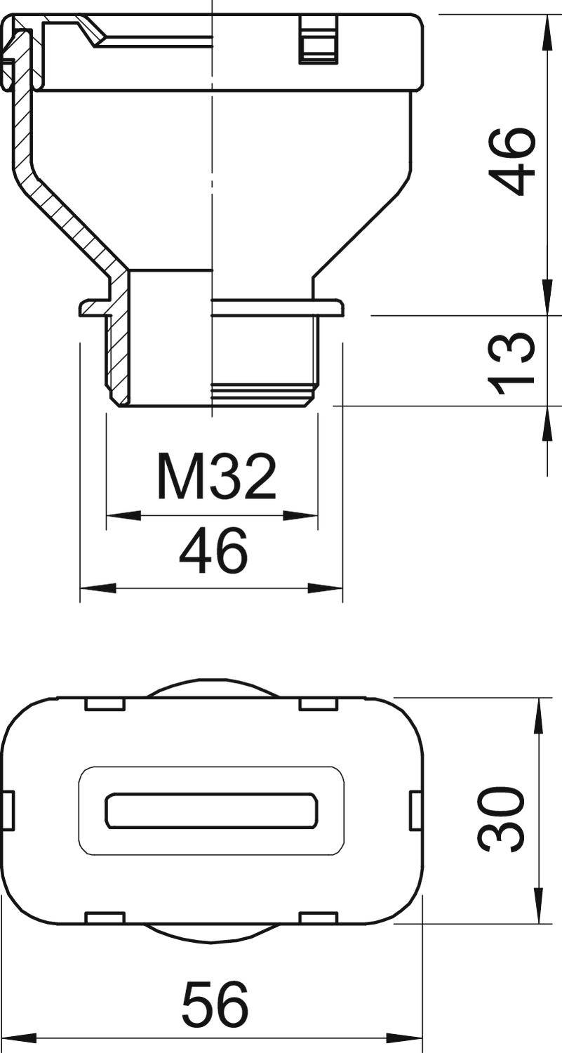 Technische Zeichnung eines Bauteils mit Maßen: Höhe 46 mm, Breite 56 mm, Breite oben 30 mm. Schraubverbindung M32, Tiefe 13 mm.