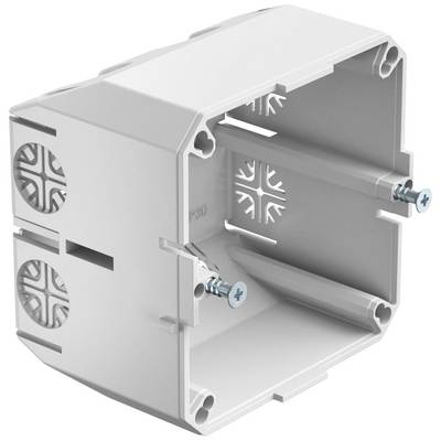 Weiße, rechteckige Kunststoff-Elektroinstallationsdose mit Schraubenlöchern und seitlichen Öffnungen zur Kabeldurchführung.