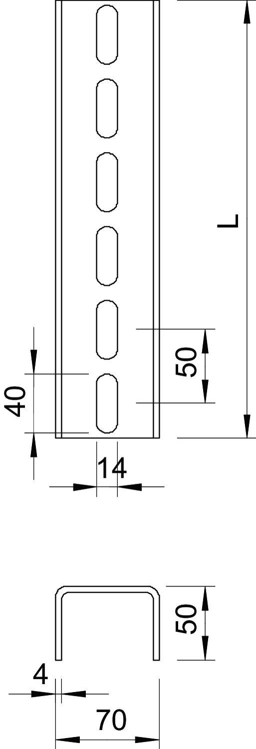 Technische Zeichnung eines U-Profils: Länge L, Höhe 50 mm, Breite 40 mm. Lochabstand 50 mm. Profildicke 4 mm, untere Breite 70 mm.