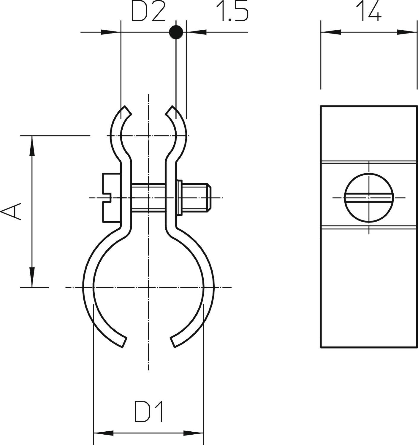 Technische Zeichnung einer Rohrschelle mit Abmessungen. Zeigt Durchmesser, Schraubenposition und Abstandshalter.