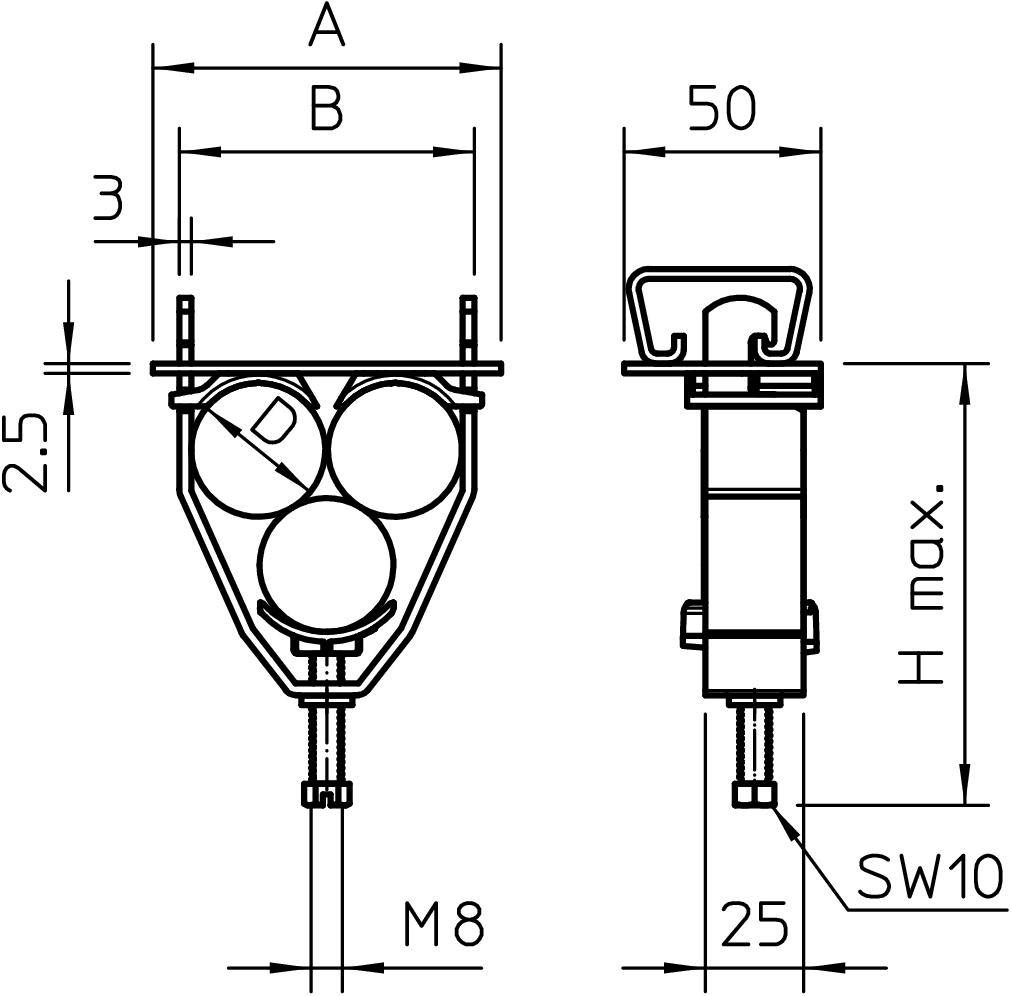 Technische Zeichnung eines Dreiecks, das drei Kreise enthält. Zusätzliche Angaben: Maße A, B, 3 und 50, H max., SW10, M8.