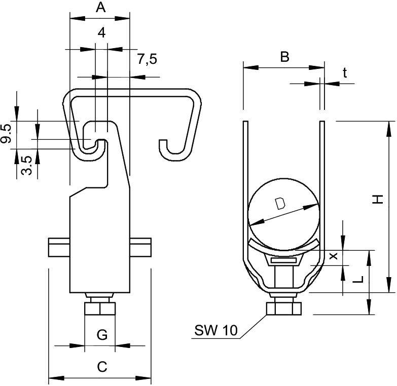 Technische Zeichnung eines Metallhakens mit Maßen: A = 5 mm, B = 8 mm, C = 10 mm, D = 12 mm. Seitliche und frontale Ansicht dargestellt.