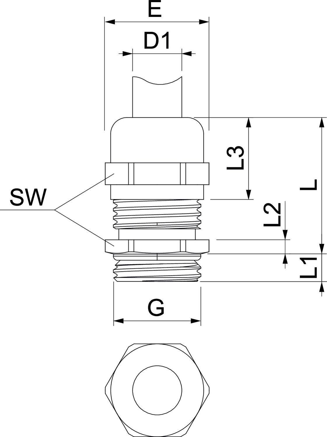 Technische Zeichnung eines zylindrischen Steckverbinders mit Abmessungen E, D1, L3, L2, L1, SW und G. Draufsicht von oben dargestellt.