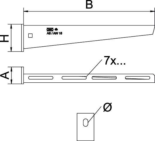 Technische Zeichnung eines Metallwinkels mit den Abmessungen B (Breite), H (Höhe) und A. Es sind 7 ovale Löcher zu sehen.