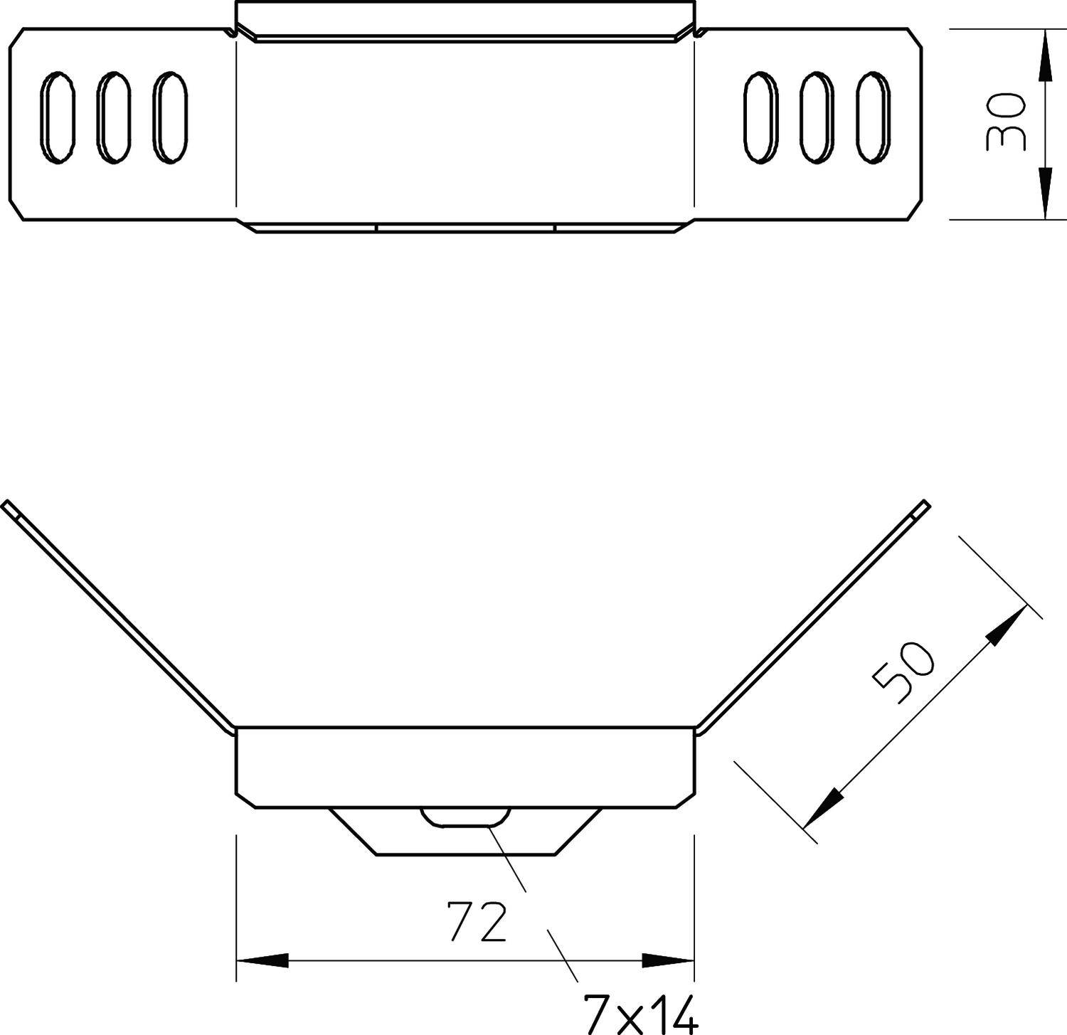 Technische Zeichnung eines rechteckigen Bauteils mit Maßen: Breite 72 mm, Tiefe 50 mm, Höhe 30 mm, mit Befestigungslöchern.
