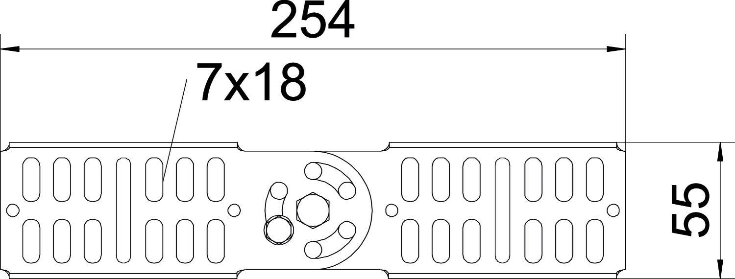 'Diagramm zeigt eine Platte mit Maßen: 254 x 55. Bohrungen: 7x18. Zentraler Teil hat zusätzliche kleine Löcher.'
