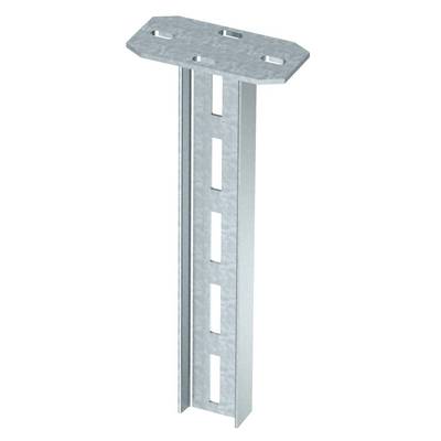 Metallischer Trägerhalter mit Schlitzmuster, zur Befestigung von Strukturen. Vertikale Ausrichtung mit rechteckiger Grundform.