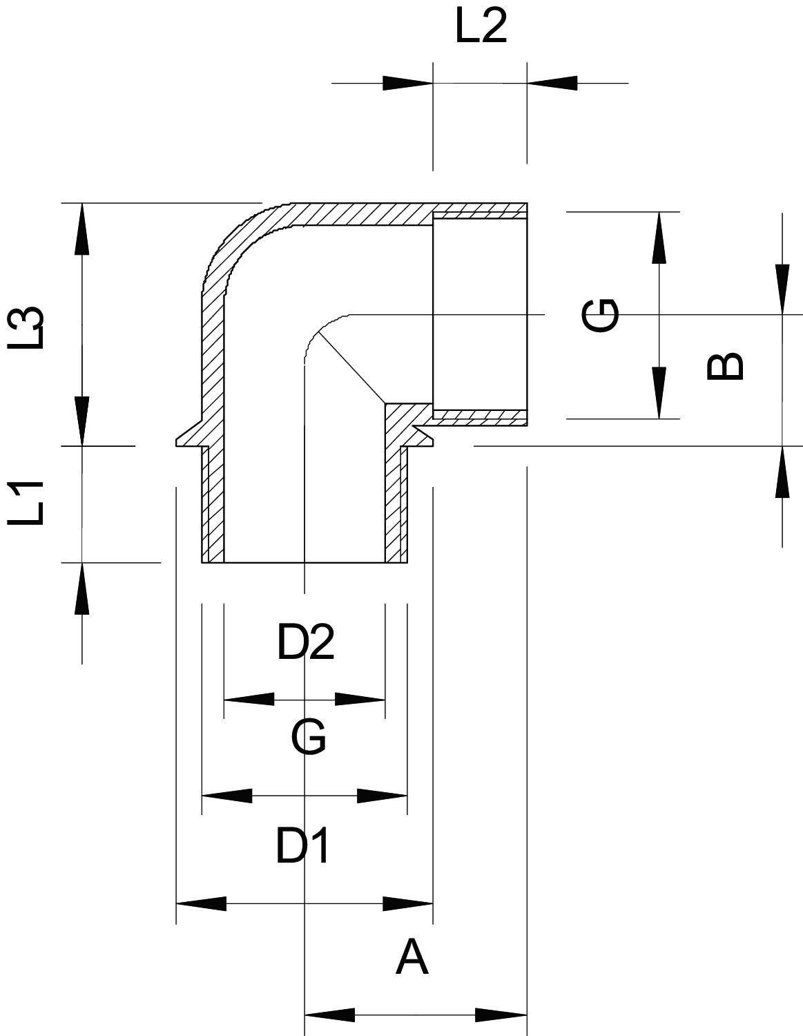 Technische Zeichnung eines Rohrbogens mit Bemaßungen: L1, L2, L3, D1, D2, G, A, B. Zeigt die Konstruktion und Abmessungen des Teils.