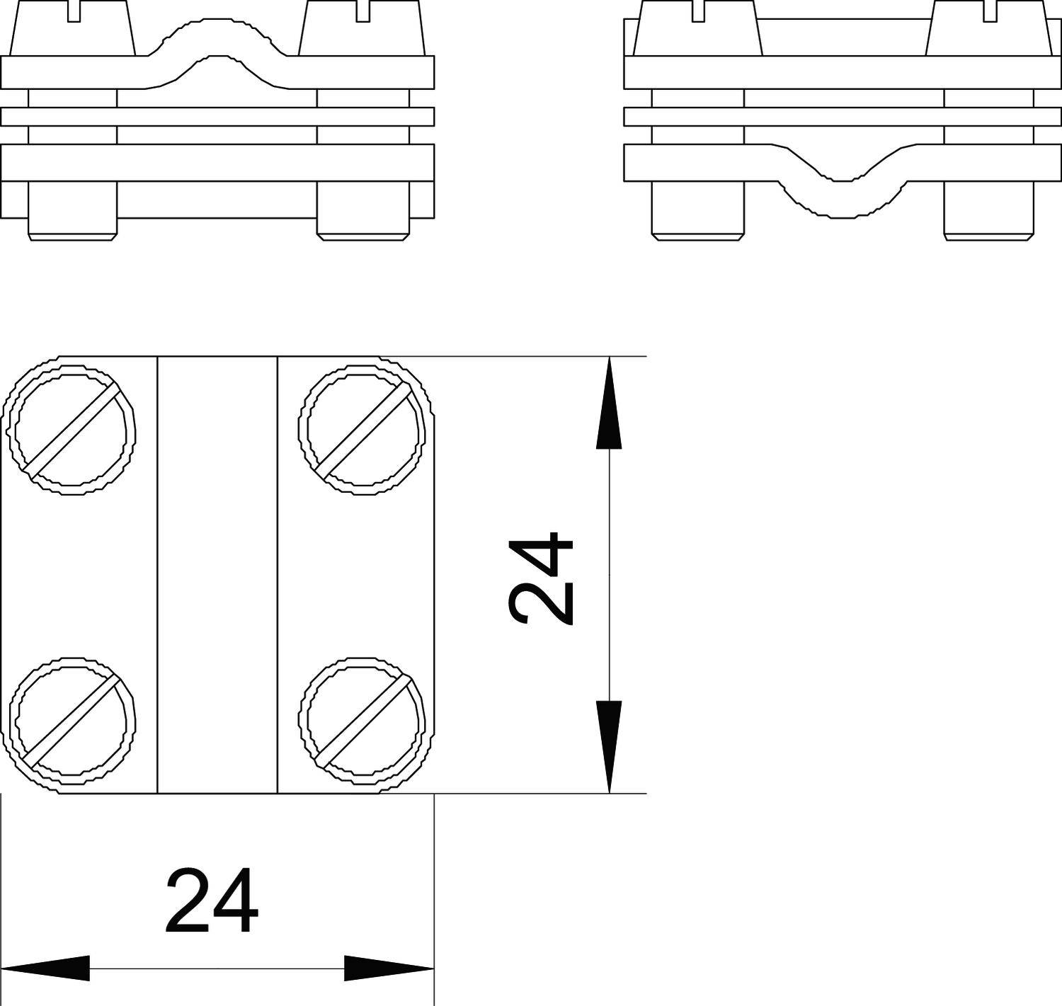 Technische Zeichnung eines mechanischen Bauteils mit Maßen 24x24 mm, zeigt zwei Schrauben und drei Ansichten: seitlich, oben und Draufsicht.