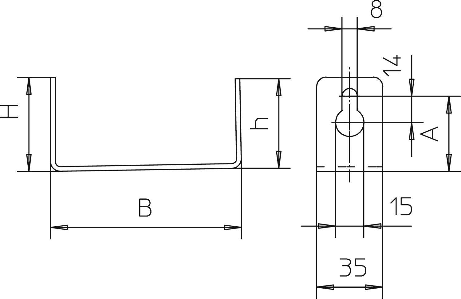 Technische Zeichnung eines U-förmigen Metallprofils mit Maßen: Höhe (H und h), Breite (B), Dicke (8), Lochdurchmesser (14), Achsabstand (35).