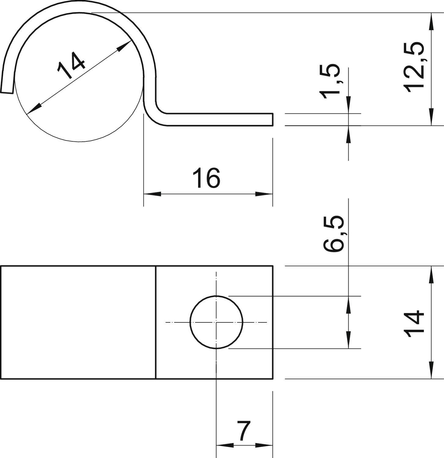Technische Zeichnung zeigt zwei Ansichten eines Bauteils mit Maßen. Hauptdurchmesser 14, Länge 16, Höhe 12,5, breite Details angegeben.