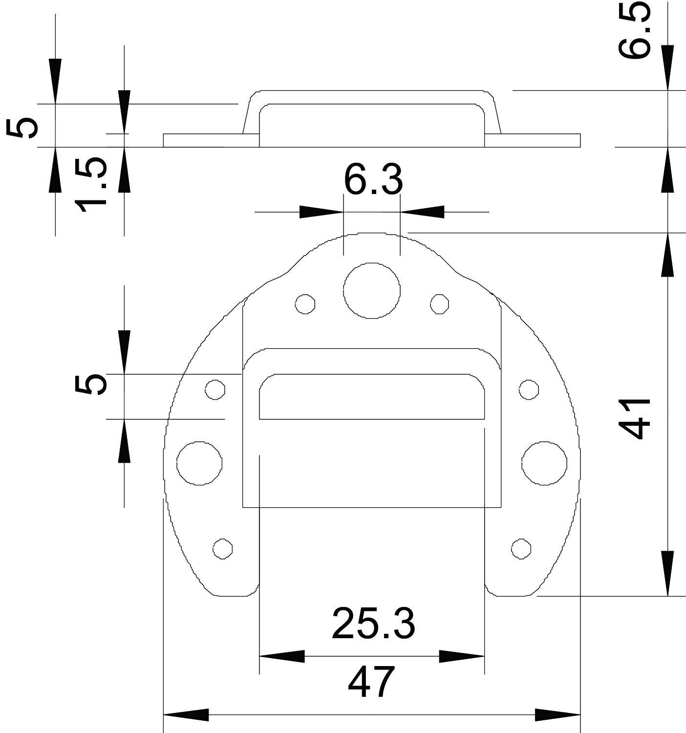 Technische Zeichnung eines Bauteils mit Maßen in Millimetern: Breite 47, Höhe 41, Tiefe 6,5. Markierte Bohrlöcher und Höhenangaben.