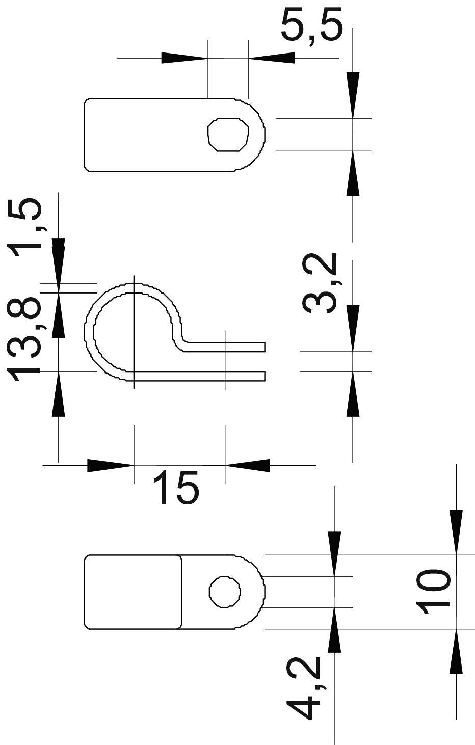 Technische Zeichnung eines Clips mit Maßen in Millimetern: Länge 15, Höhe 13,8, Breite 5,5, diverse Markierungen und Abstände.