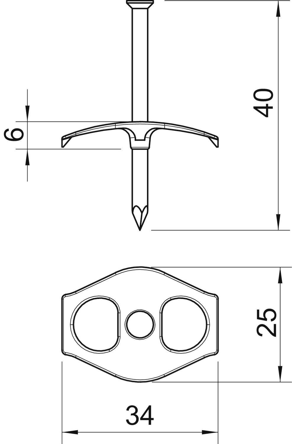 Technische Zeichnung eines Teils mit Maßen: 40 mm hoch, 34 mm breit, 25 mm tief, zeigt eine Halterung mit zwei runden Öffnungen.