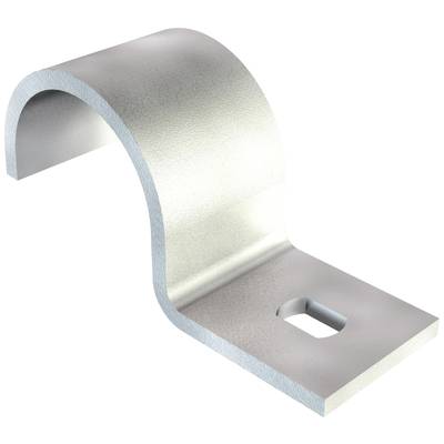 Metallhalterung mit gebogener Form, rechteckiger Basis mit ovalem Loch zur Befestigung. Matt-silberne Oberfläche.