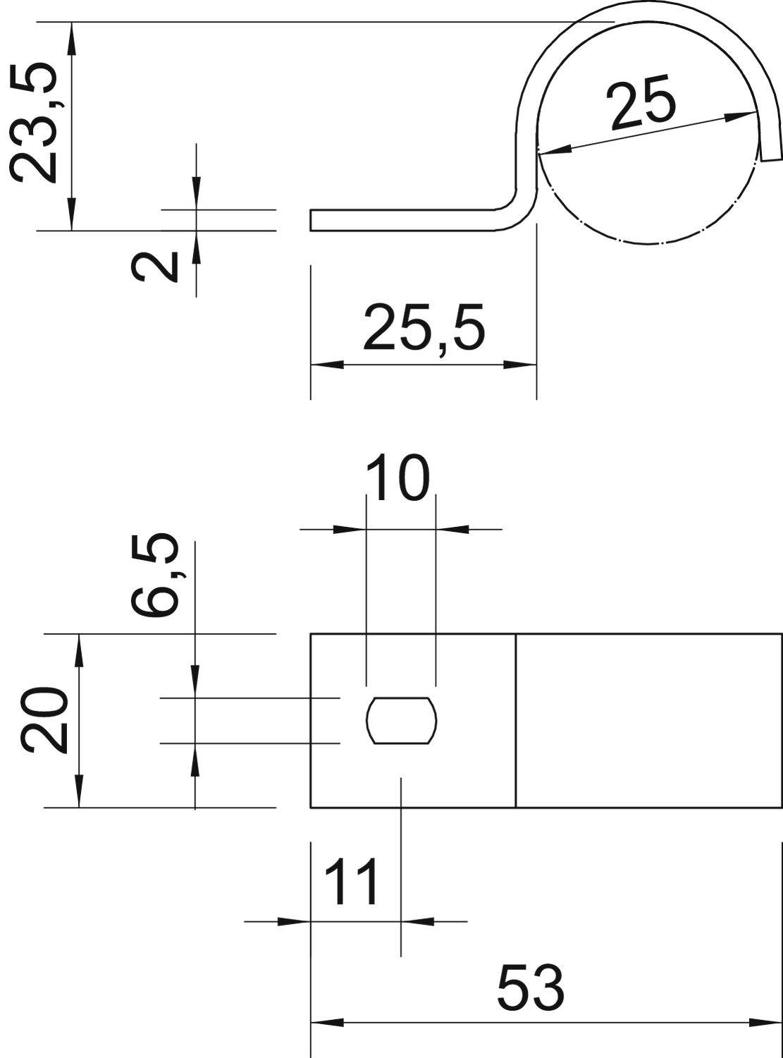 Technische Zeichnung eines Metallteils, zeigt Maßeinheiten: Durchmesser 25 mm, Gesamtlänge 53 mm, Höhe 23,5 mm.