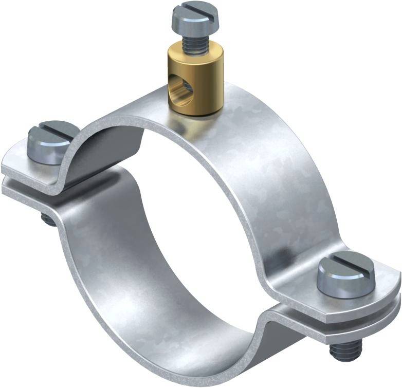 Metall-Schlauchschelle mit Schrauben und einer goldenen Komponente oben zur Befestigung von Rohren oder Schläuchen.