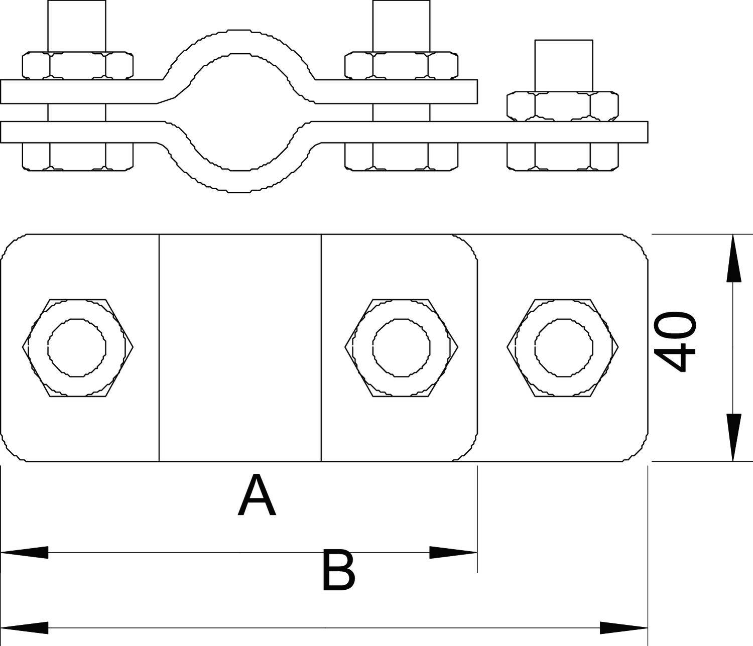 Technische Zeichnung einer Rohrschelle mit zwei Schrauben. Oben die Seitenansicht, unten die Draufsicht mit Maßen: 40 mm hoch, Länge 'A' und 'B'.