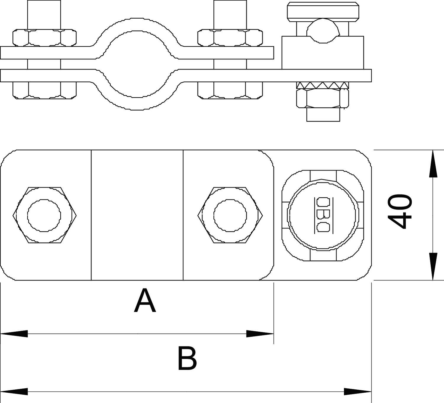 Zeichnung eines Metall-Verbinders mit Schrauben, Maße: Höhe 40 mm, Längen bezeichnet mit A und B. Draufsicht und Seitenansicht gezeigt.