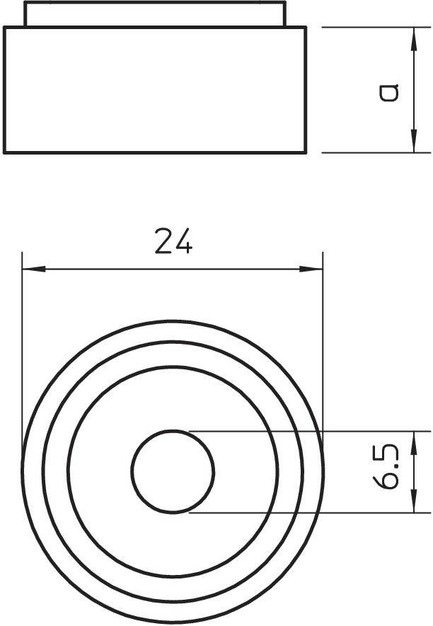 Technische Zeichnung einer zylindrischen Komponente mit Durchmesserangaben. Draufsicht zeigt Kreise; Seitenansicht zeigt Höhe.