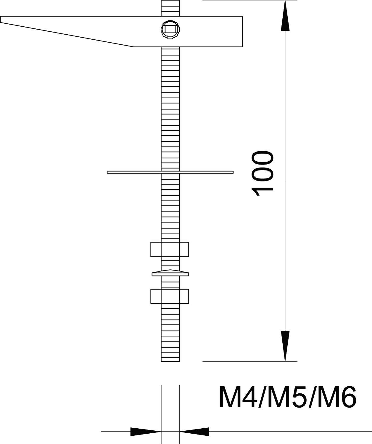 Technische Zeichnung einer Schraubbefestigung, zeigt eine Gewindestange mit Muttern, Unterlegscheiben und einer Skala von 100 mm. Text 'M4/M5/M6' unten.