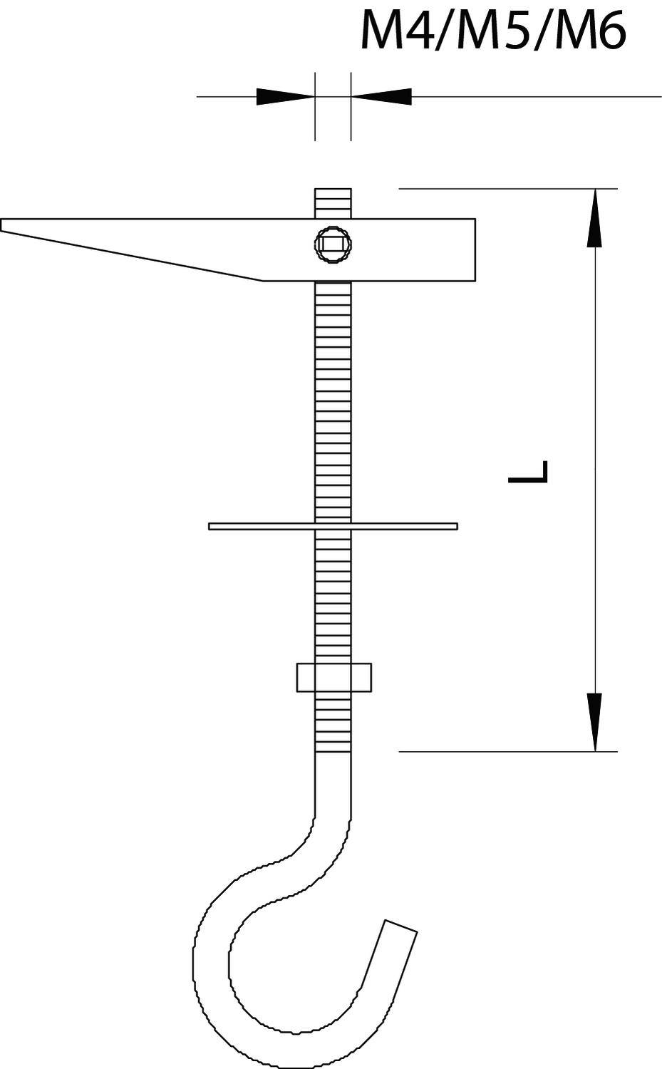 Technische Zeichnung eines Deckenhakens mit Gewinde und Flügelmutter. Bezeichnungen 'M4/M5/M6' und Längenmaße sind angegeben.